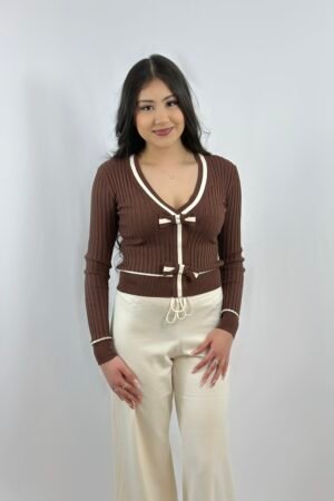 brown bow buttons long sleeve