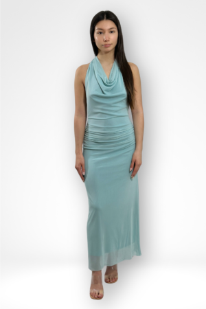 powder blue draped halterneck dress